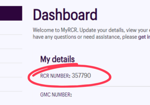 Screenshot of part of the MyRCR dashboard, showing the RCR number field circled
